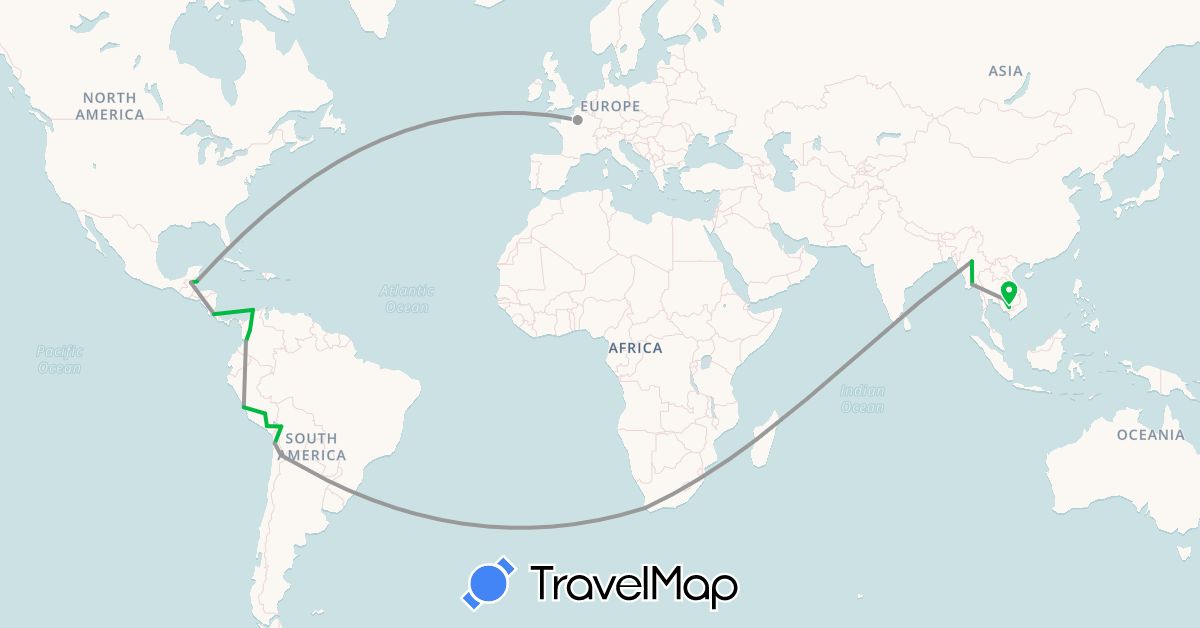TravelMap itinerary: bus, plane in Bolivia, Belize, Chile, Colombia, Costa Rica, France, Guatemala, Cambodia, Myanmar (Burma), Peru, South Africa (Africa, Asia, Europe, North America, South America)